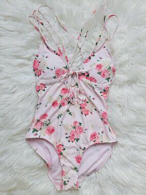 Cikada Pink Rose Tassel Strappy Low Back Floral One Piece Swimsuit Small Kawaii